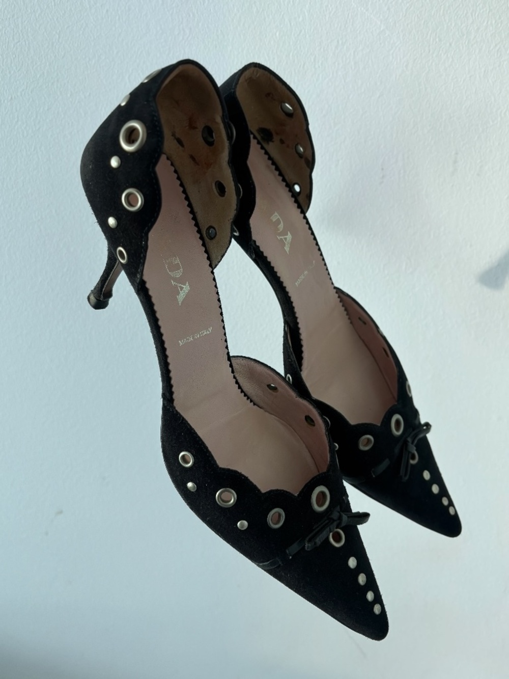 Vintage Prada Y2K Suede Eyelet Bow Kitten Heels EU 37 - Picture 6 of 9